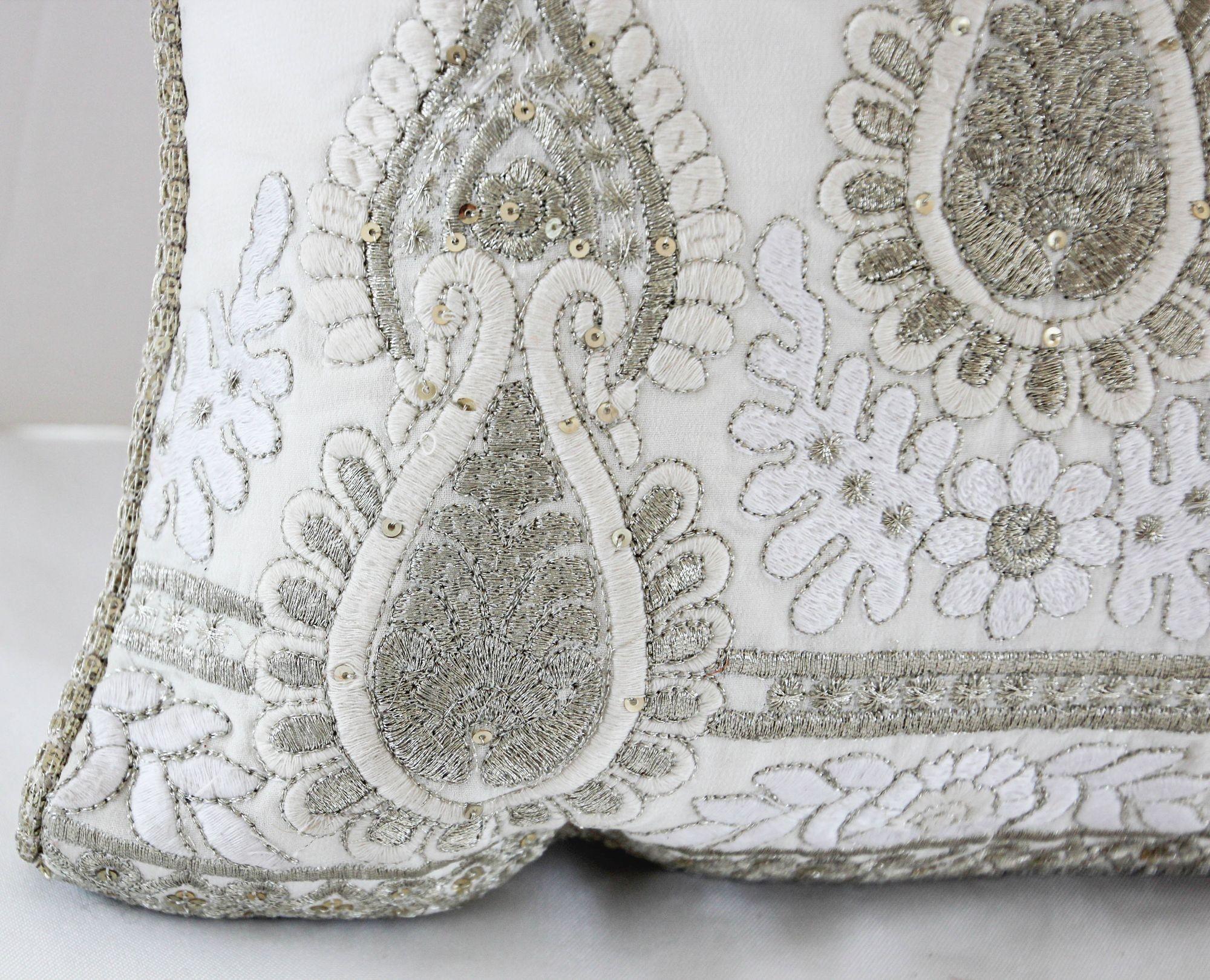 Cotton White and Silver Embroidered Mughal Style Throw Pillow For Sale