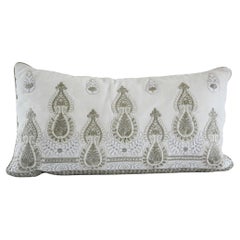 White and Silver Embroidered Mughal Style Throw Pillow