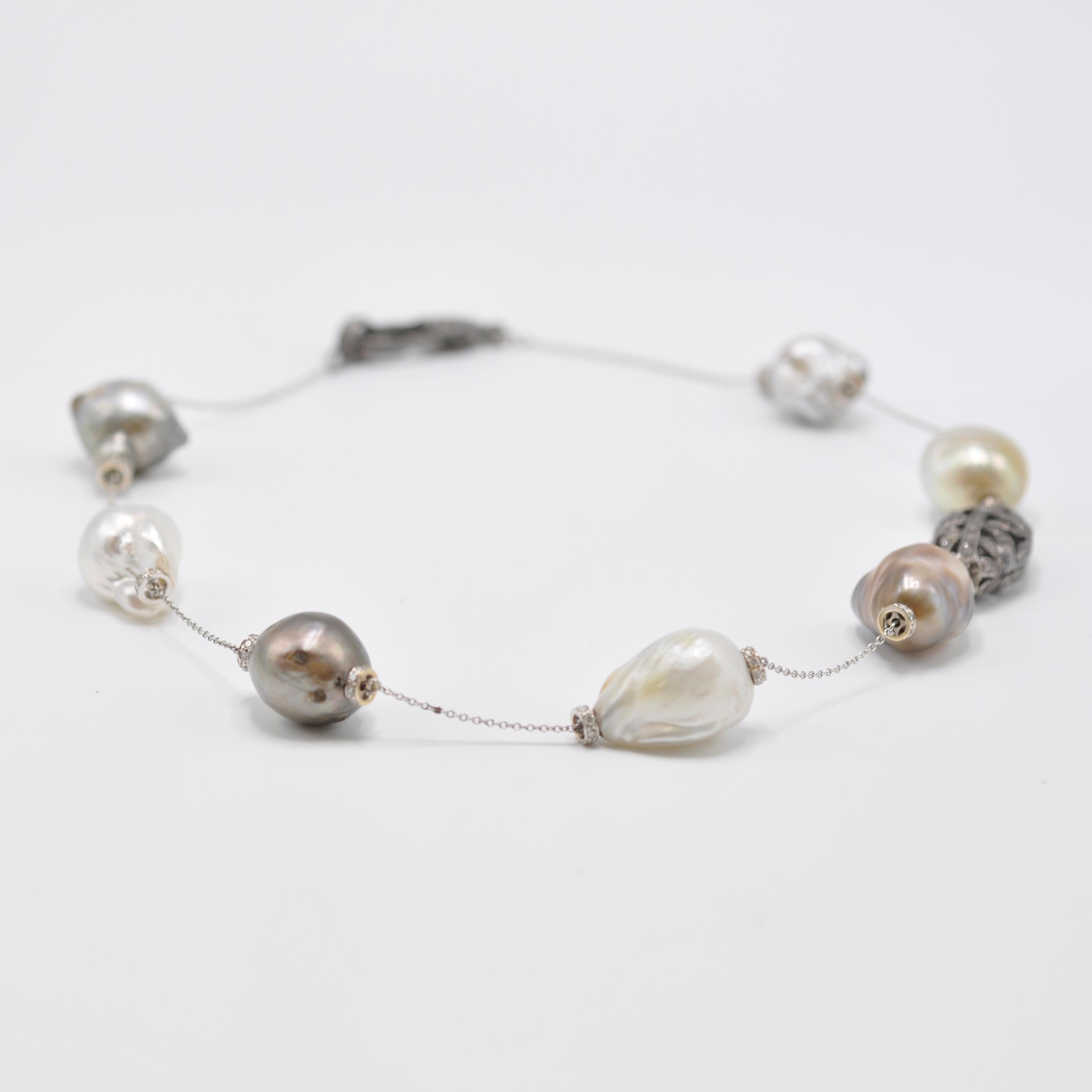 Trillion Cut White and Silver South Sea Tahitian Baroque Pearl Diamond Silver Necklace