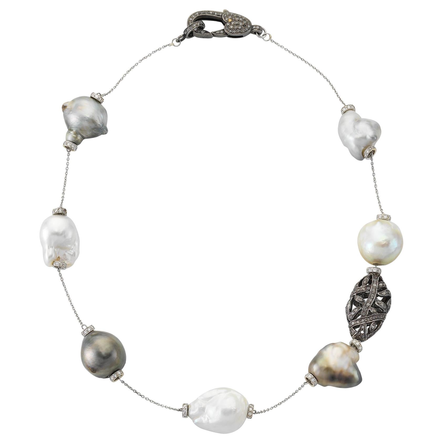 White and Silver South Sea Tahitian Baroque Pearl Diamond Silver Necklace