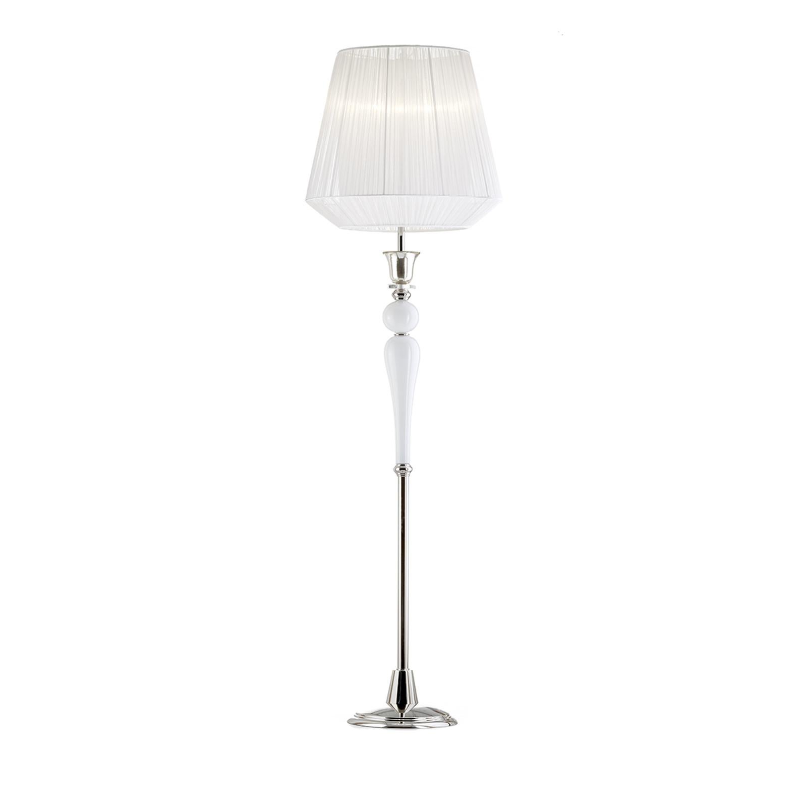 Elegant and charming, this floor lamp effortlessly blends tradition with modern allure. The base and vertical structure display antique Venetian glass elements with silver mirrored finish mixed with metal parts with a polished nickel finish. The two