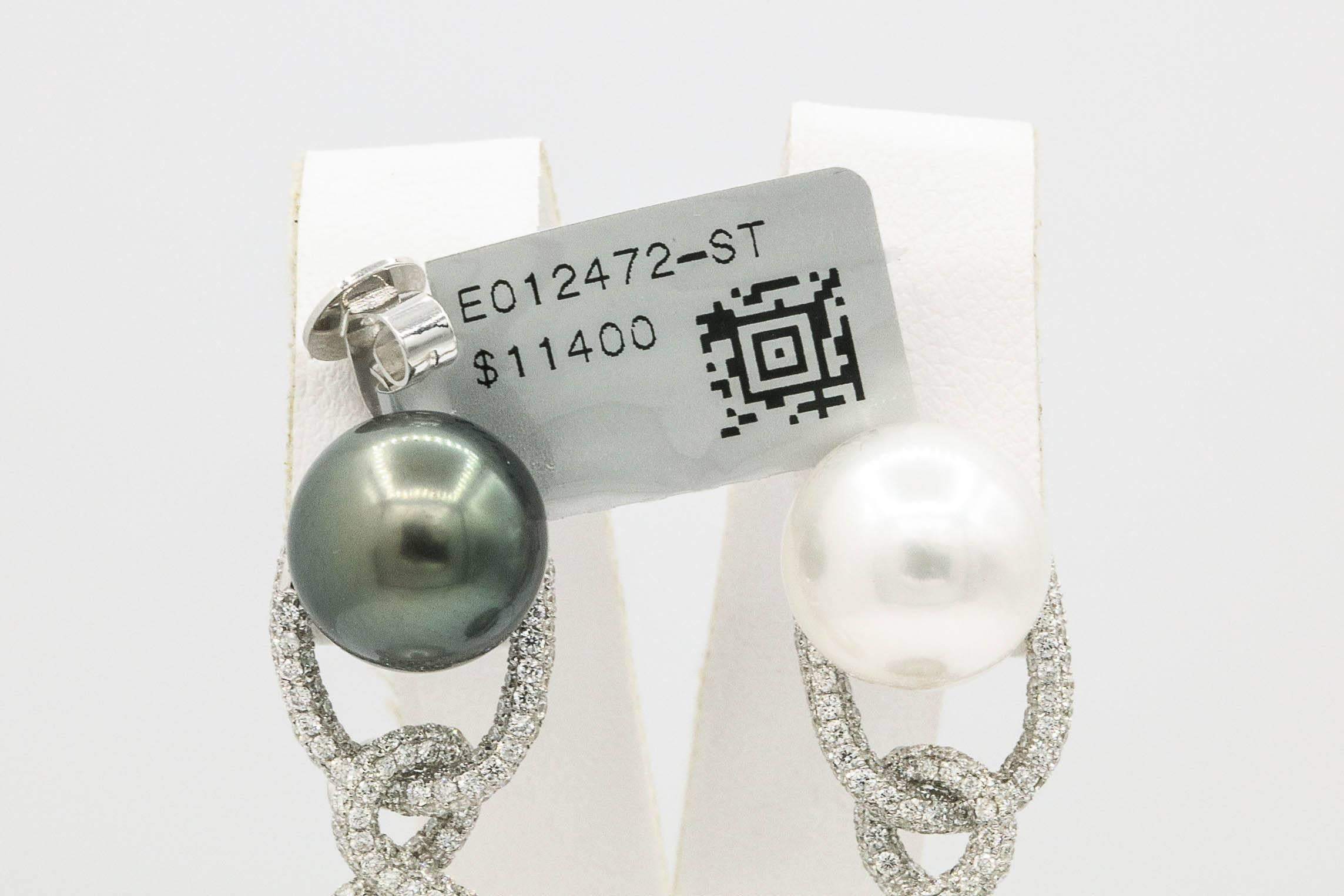 18K White gold white South Sea and Tahitian pearls measuring 11-13 mm with round diamonds weighing 1.90 carats. Color G-H Clarity SI