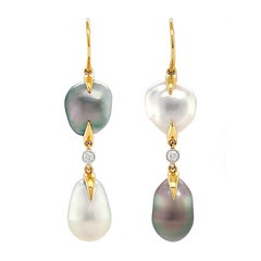White and Tahitian Keshi Pearl Diamond Wire Drop Earrings