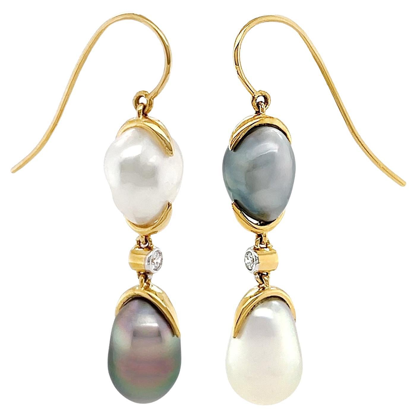 White and Tahitian Keshi Pearl Diamond Wire Drop Earrings