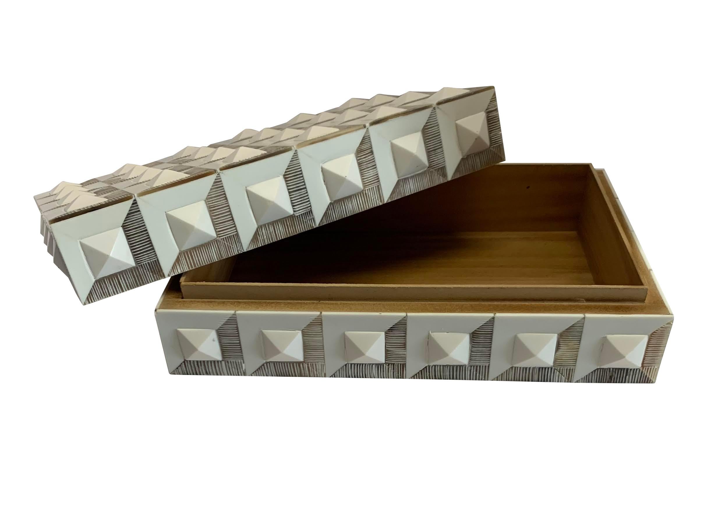 Indian White And Tan Raised Pyramid Geometric Design Bone Box, India, Contemporary For Sale