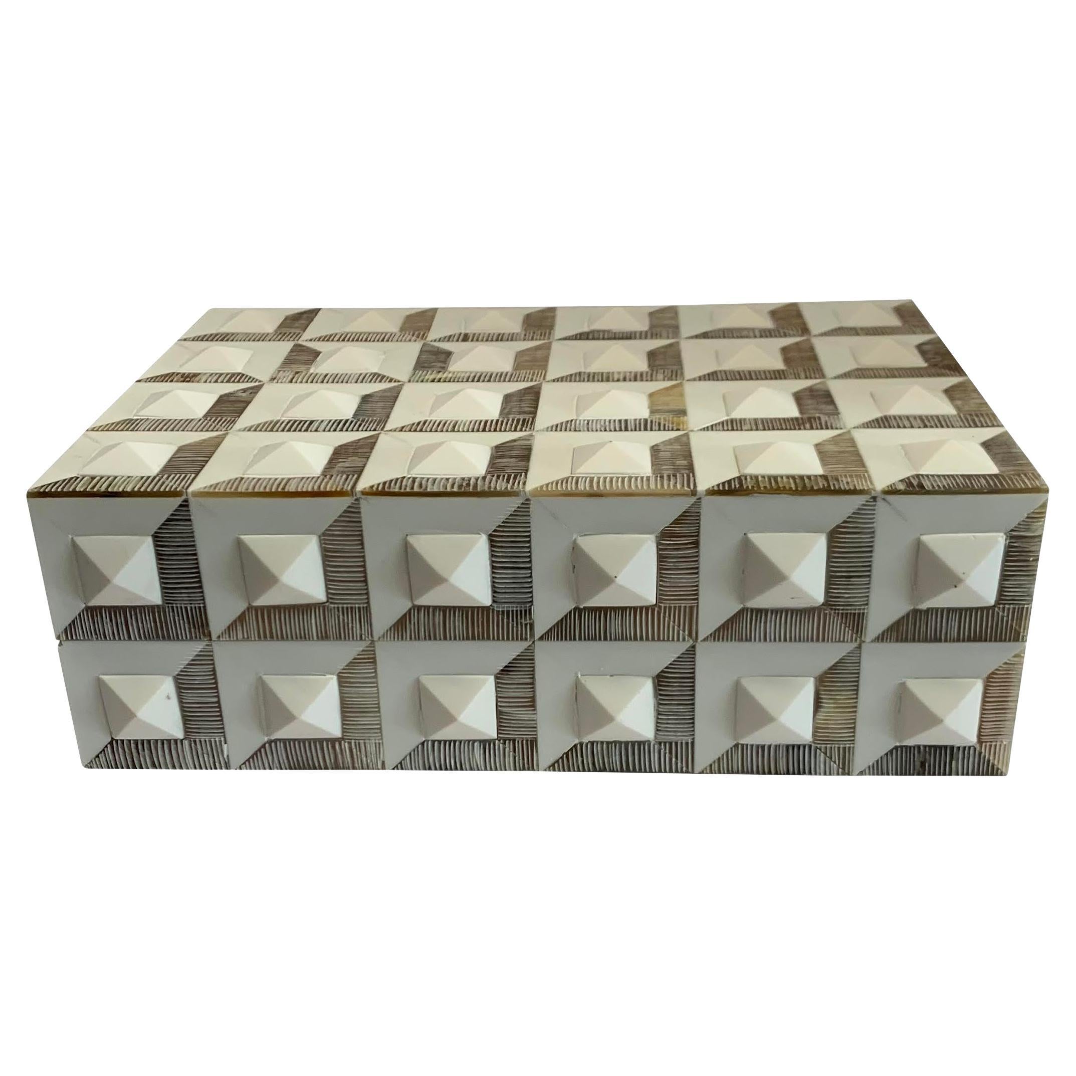 White And Tan Raised Pyramid Geometric Design Bone Box, India, Contemporary For Sale