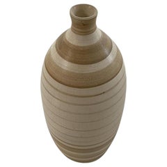 White and Tan Striped Stoneware Vase by American Ceramicist Sandi Fellman, USA