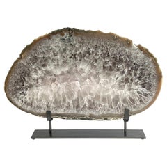 White and Taupe Thick Slice of Agate Sculpture on Stand, Brazil, Prehistoric