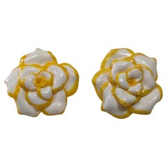  White and Yellow Camelia Polymer  Earrings with golplated silver closure