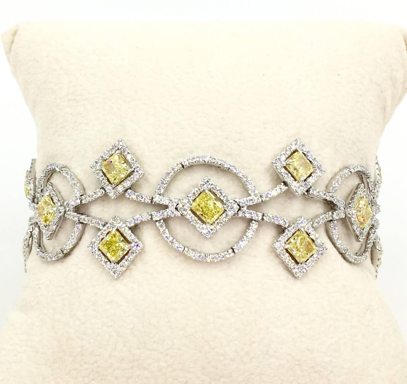 Radiant Cut White and Yellow Diamond Art Deco Inspired Bracelet 12.17 Carat For Sale