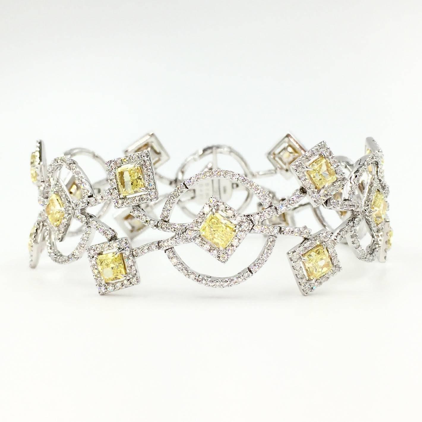 White and Yellow Diamond Art Deco Inspired Bracelet 12.17 Carat In New Condition For Sale In Pikesville, MD