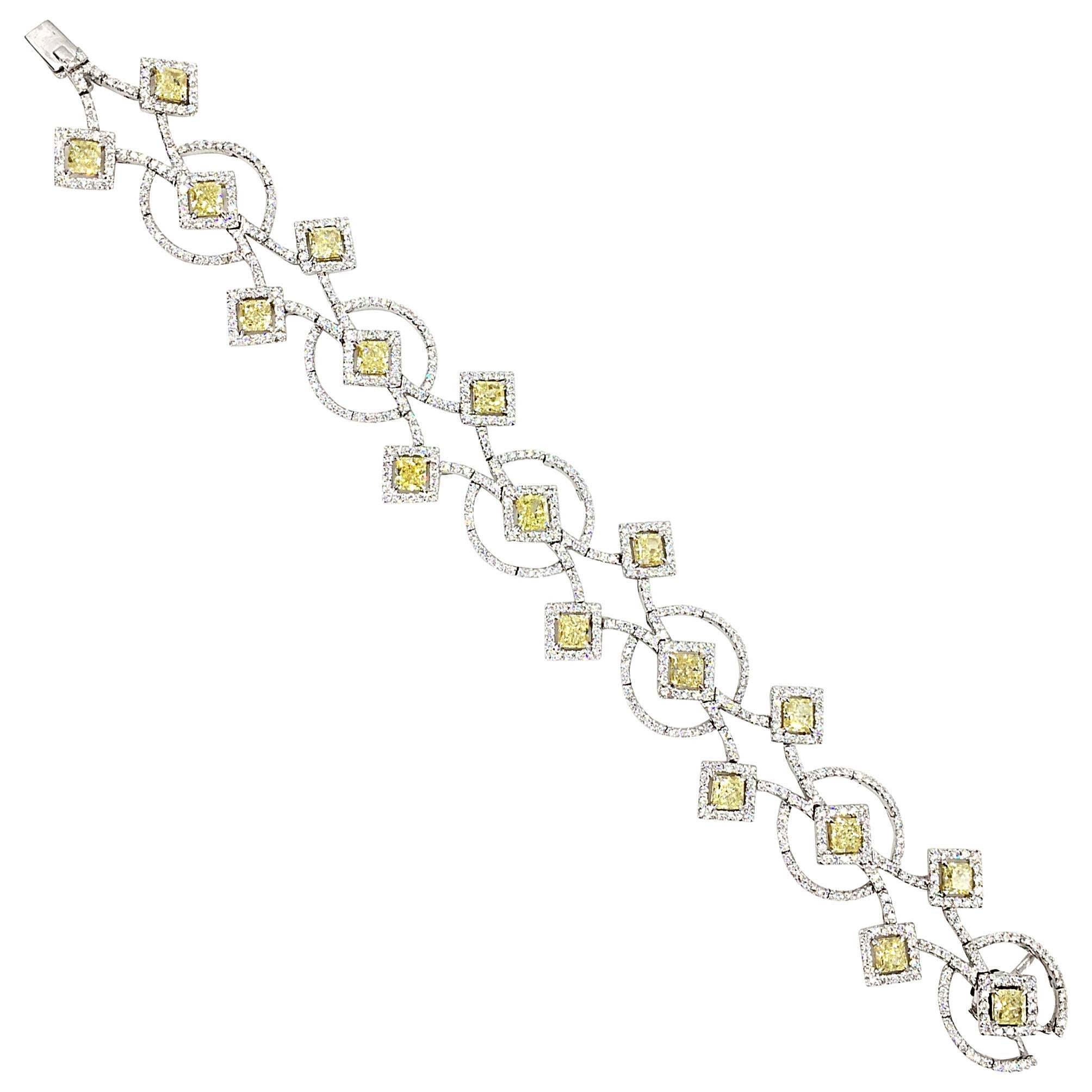 White and Yellow Diamond Art Deco Inspired Bracelet 12.17 Carat For Sale