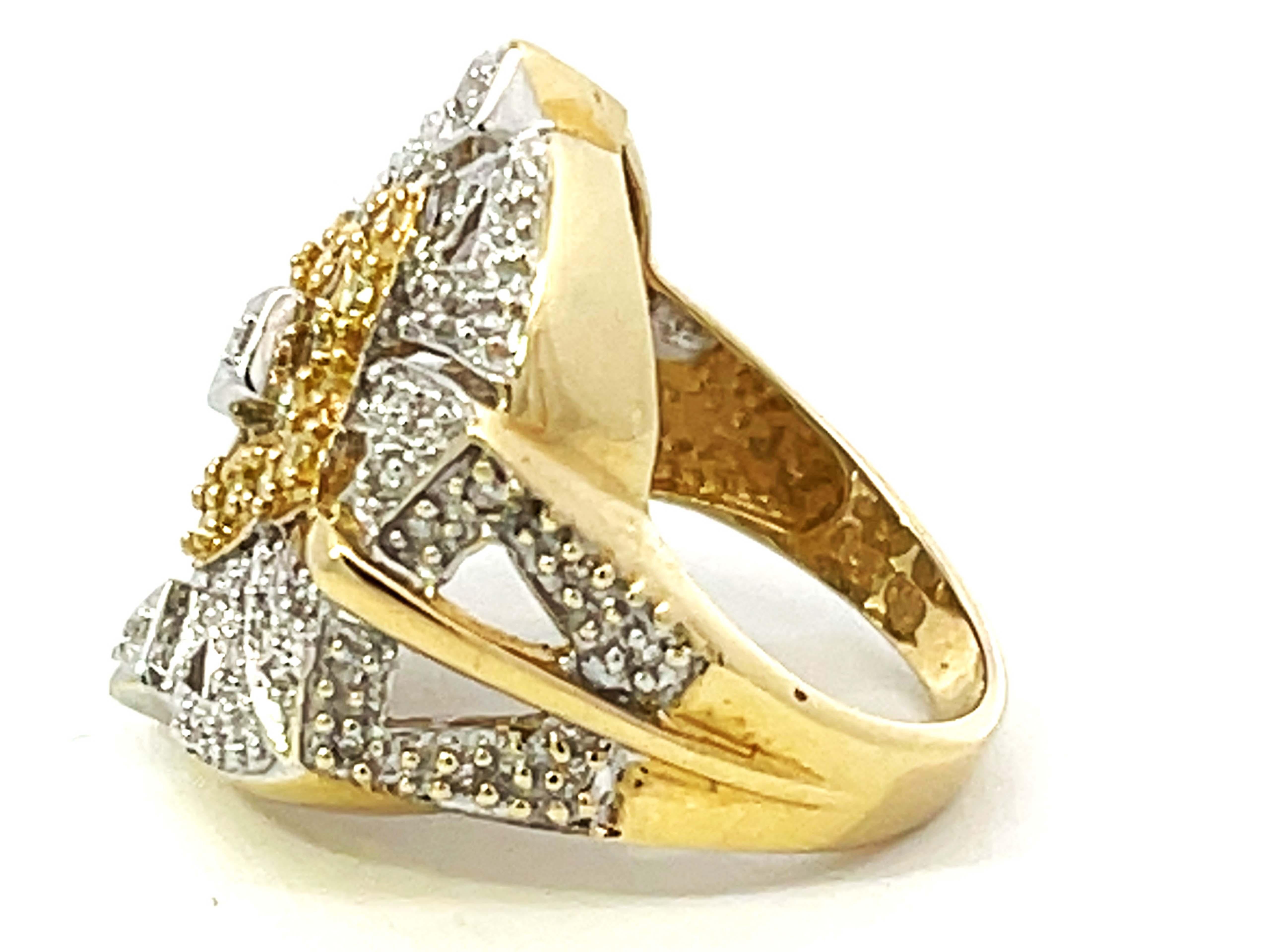 Women's White and Yellow Diamond Geometric Design Ring in 14k Yellow Gold For Sale