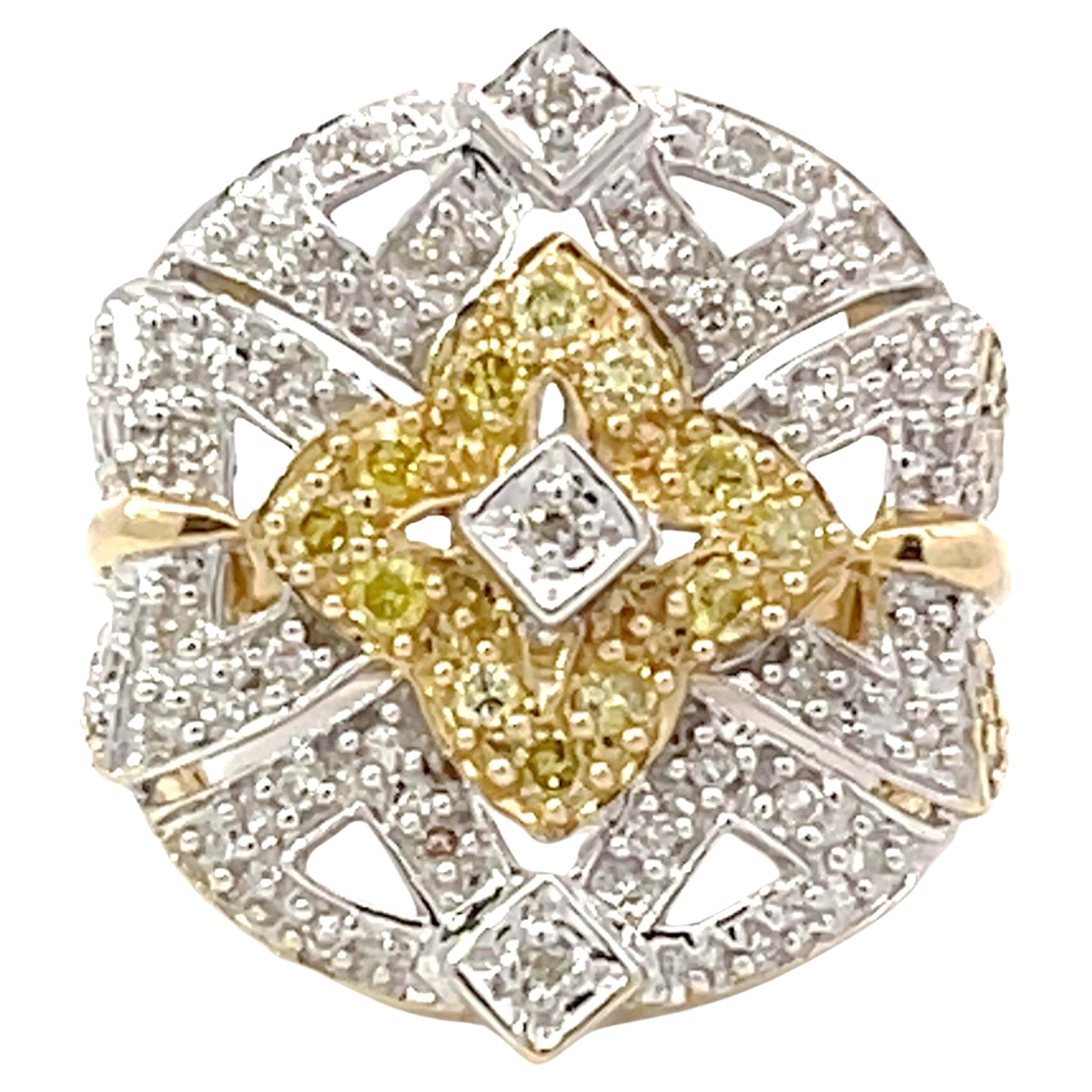 White and Yellow Diamond Geometric Design Ring in 14k Yellow Gold