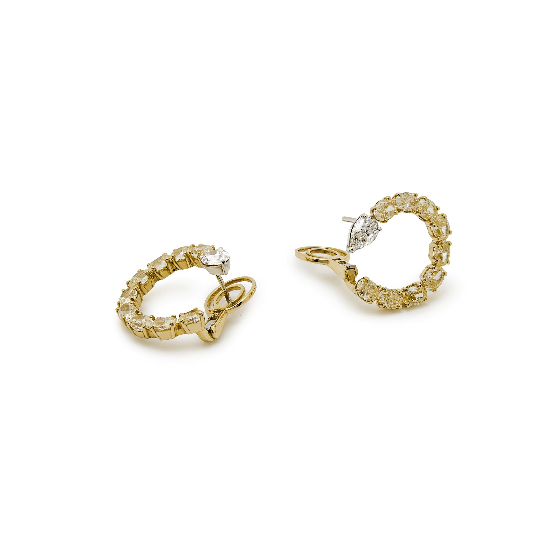 Oval Cut White and Yellow Diamond Hoop Earrings For Sale