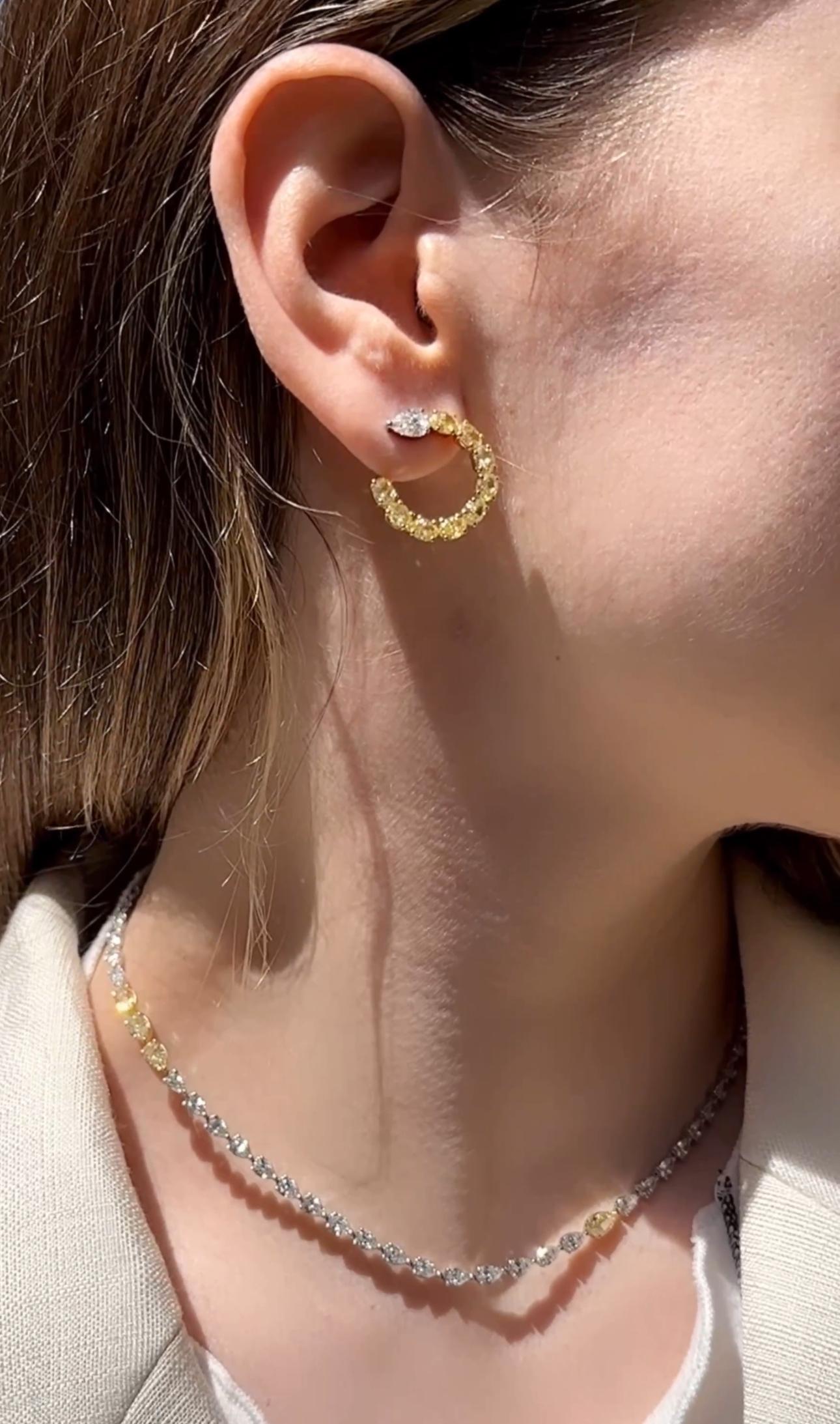 Contemporary White and Yellow Diamond Hoop Earrings For Sale