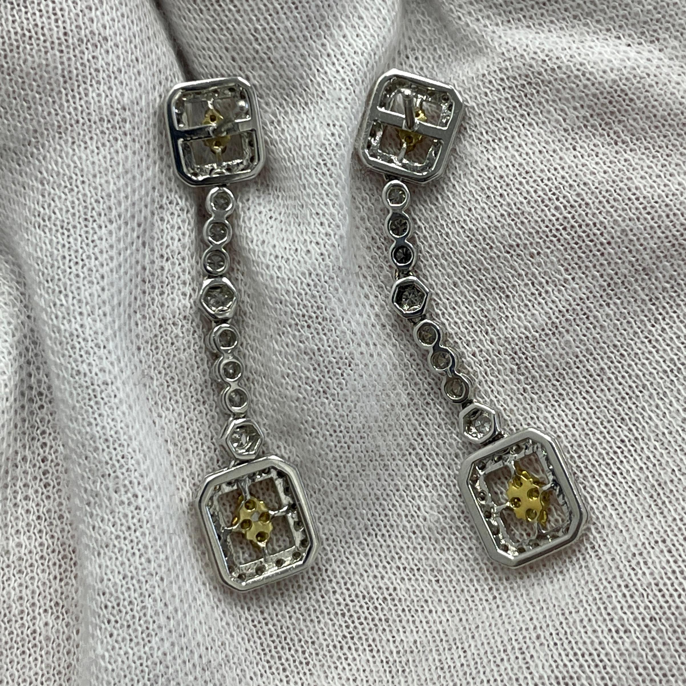 Brilliant Cut White and Yellow Diamond in White Gold and Yellow Gold Dangling Earrings For Sale