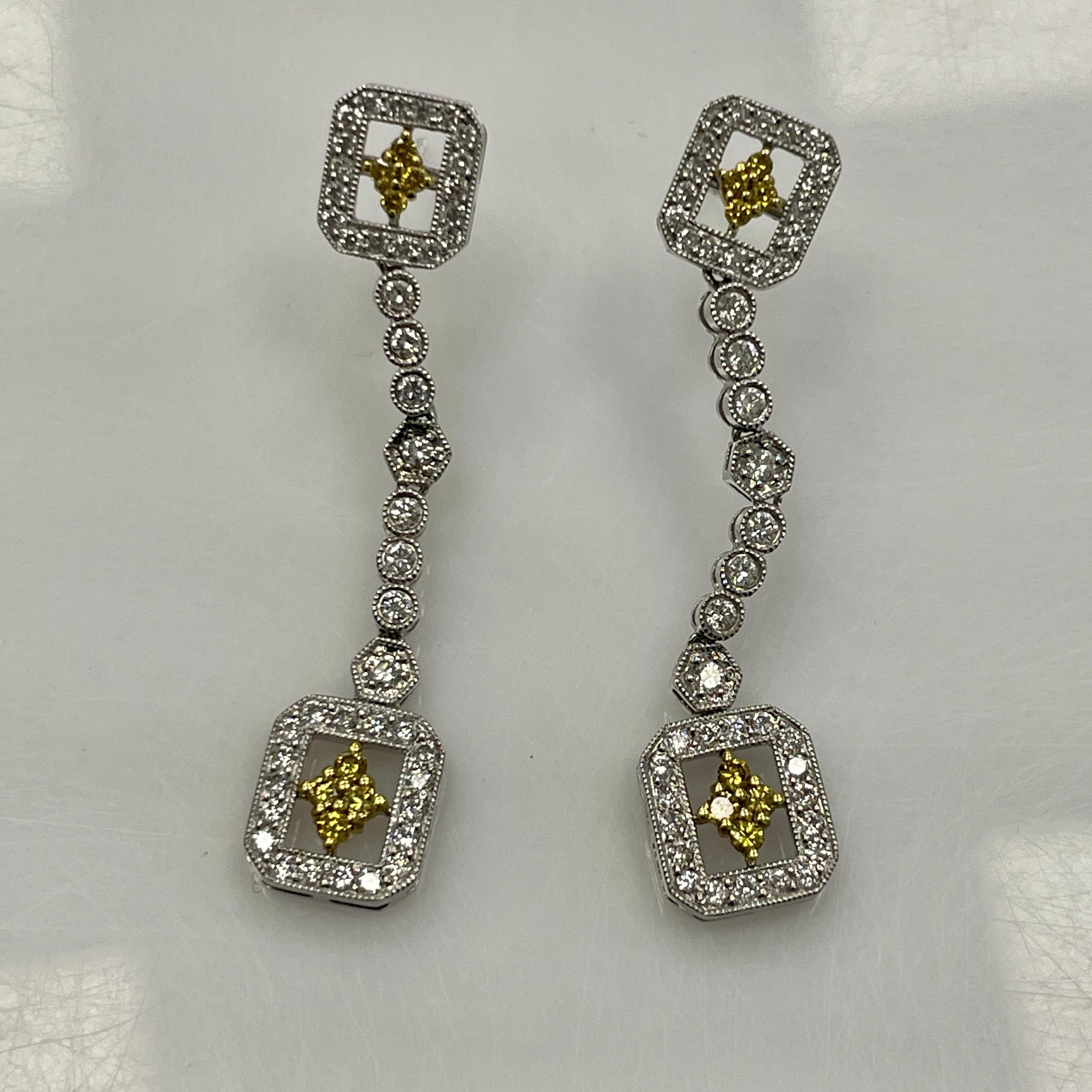 Women's White and Yellow Diamond in White Gold and Yellow Gold Dangling Earrings For Sale