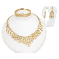 White and Yellow Diamond Necklace, Earrings, and Bracelet Set in 14k Yellow Gold