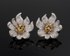 White and Yellow Diamonds 18KT Gold Flower Clip-On Earrings