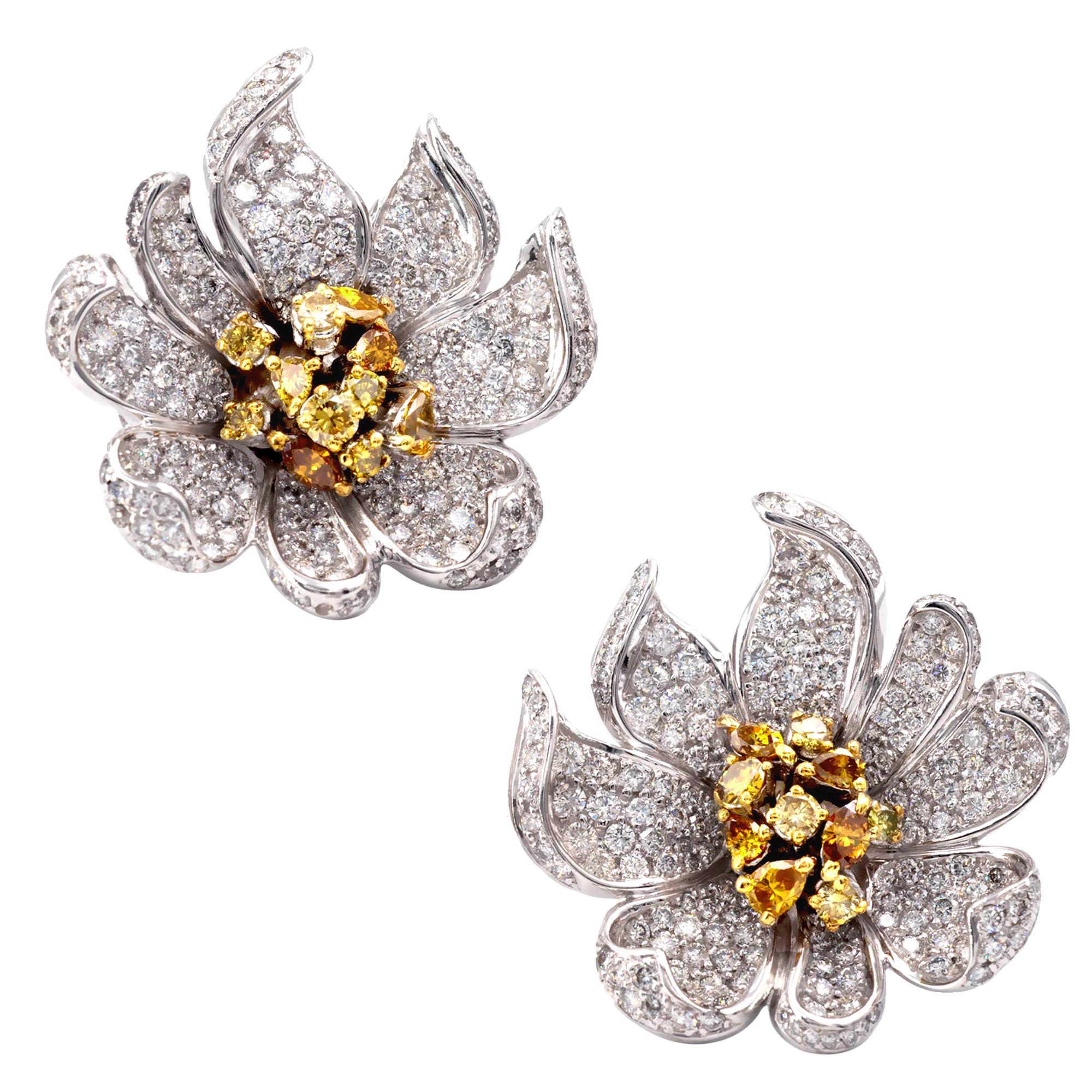 White and Yellow Diamonds 18KT Gold Flower Clip-On Earrings