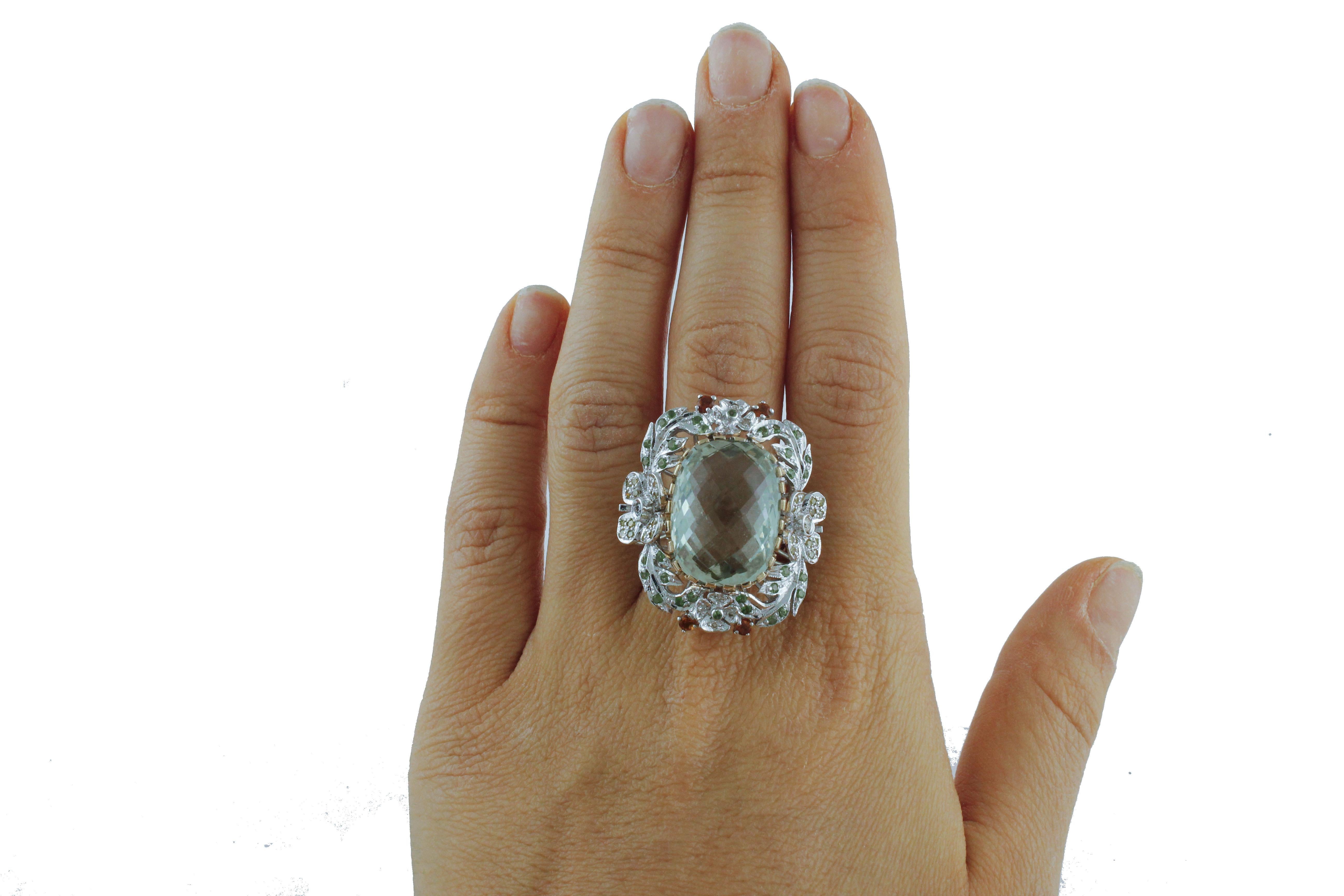 Women's  White and Yellow Diamonds Topaz Tsavorite Green Amethyst Cluster  Gold Ring