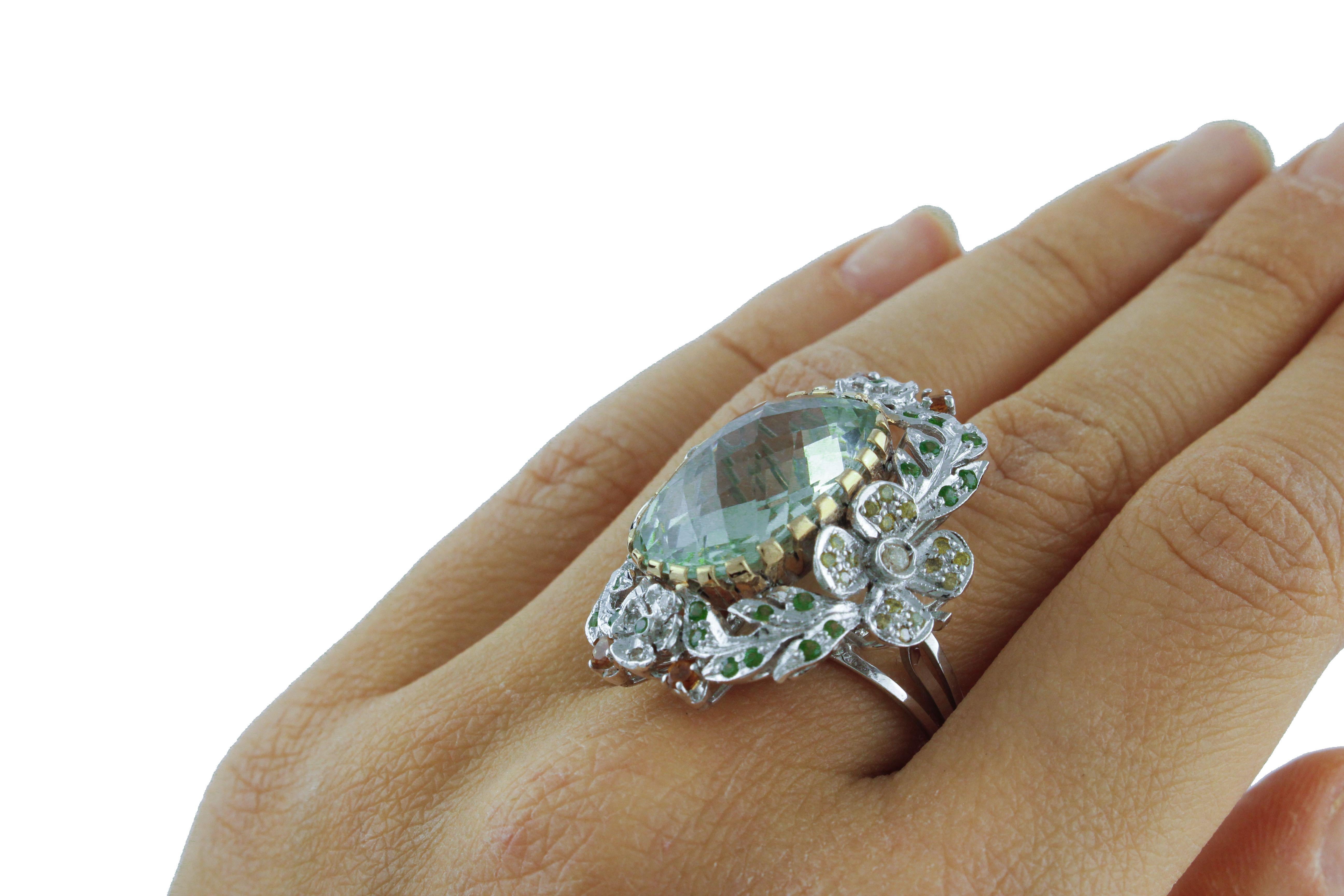  White and Yellow Diamonds Topaz Tsavorite Green Amethyst Cluster  Gold Ring 1