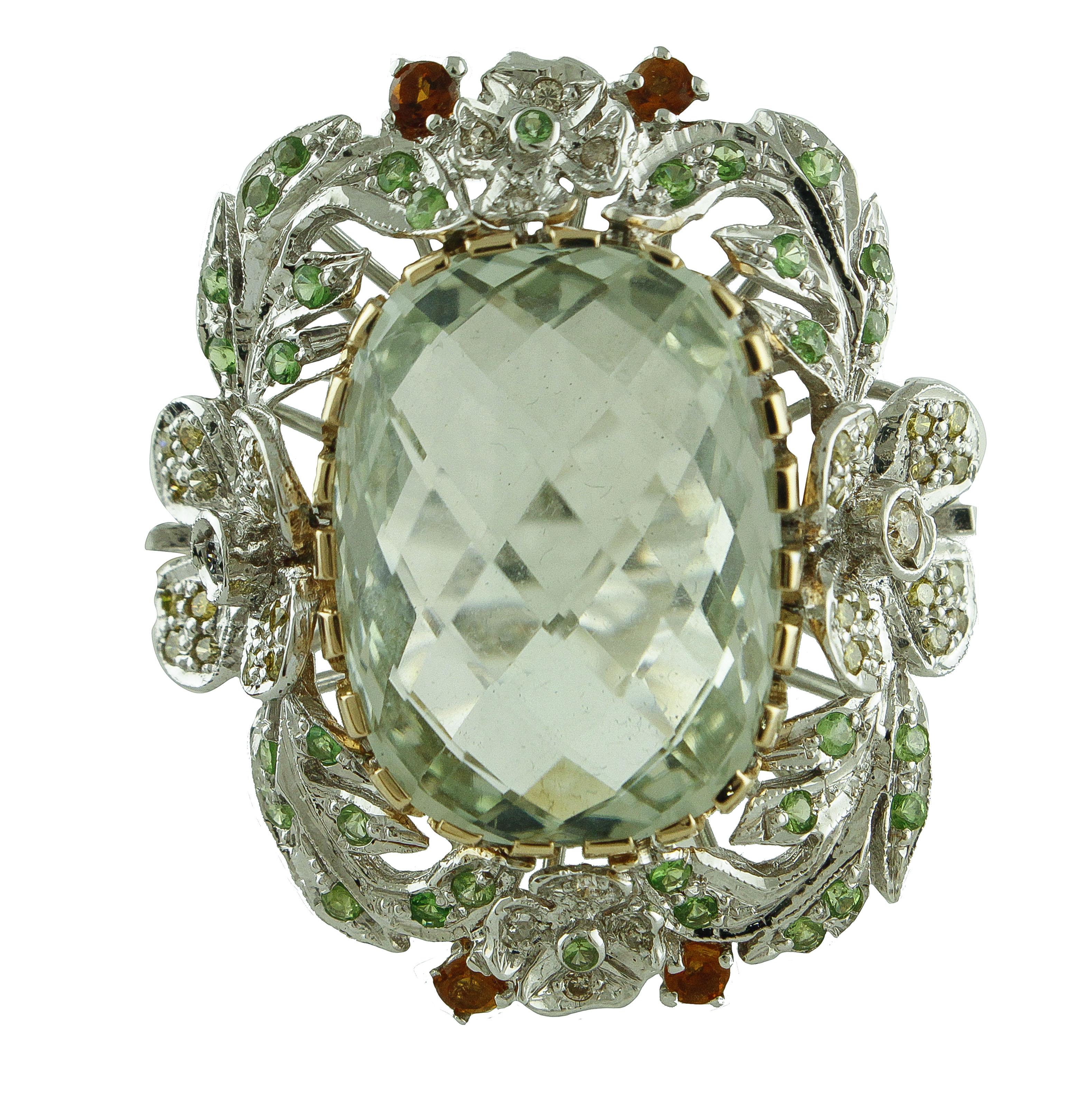  White and Yellow Diamonds Topaz Tsavorite Green Amethyst Cluster  Gold Ring