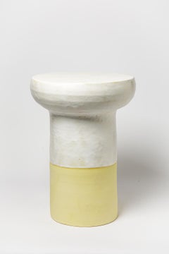 White and yellow glazed ceramic stool or coffee table by Mia Jensen, 2023.
