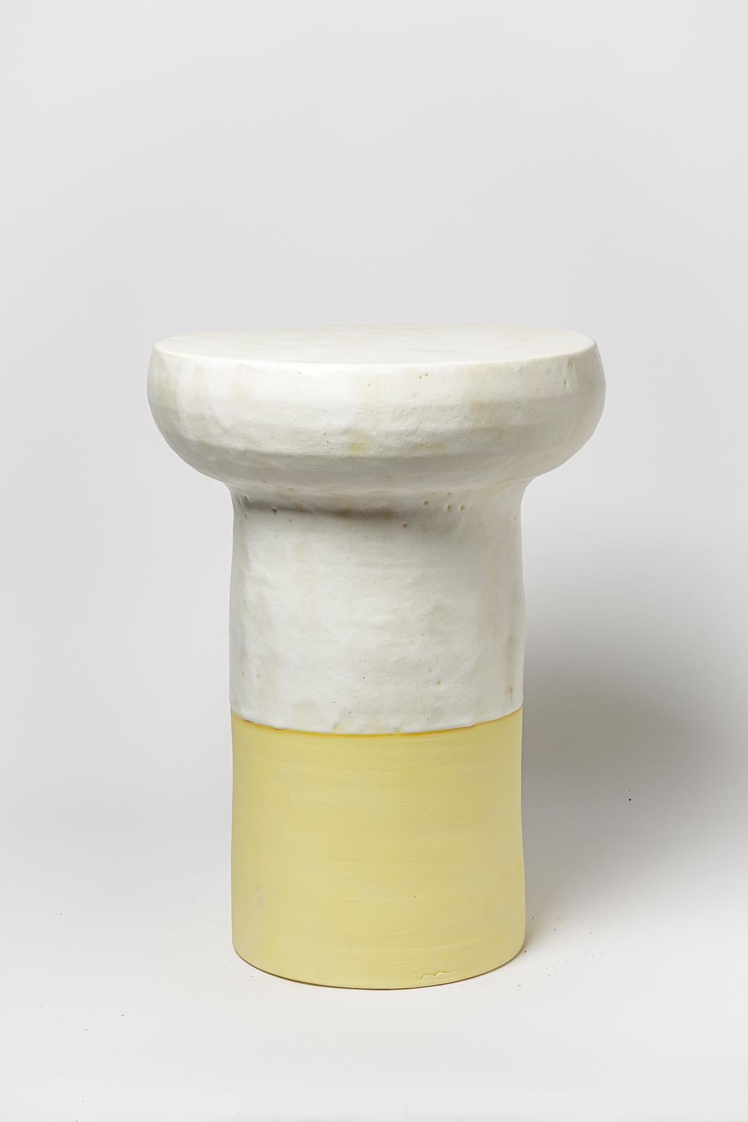 Beaux Arts White and yellow glazed ceramic stool or coffee table by Mia Jensen, 2023. For Sale
