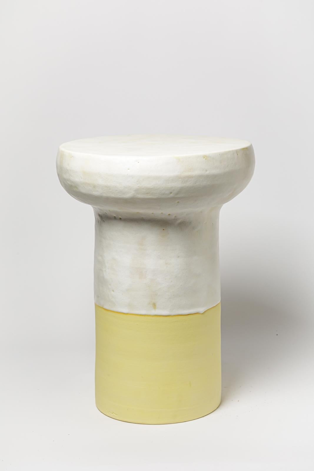 French White and yellow glazed ceramic stool or coffee table by Mia Jensen, 2023. For Sale