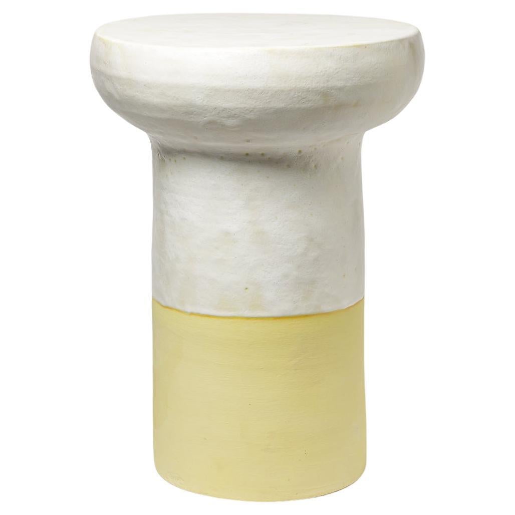 White and yellow glazed ceramic stool or coffee table by Mia Jensen, 2023. For Sale