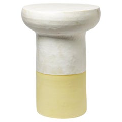 White and yellow glazed ceramic stool or coffee table by Mia Jensen, 2023.