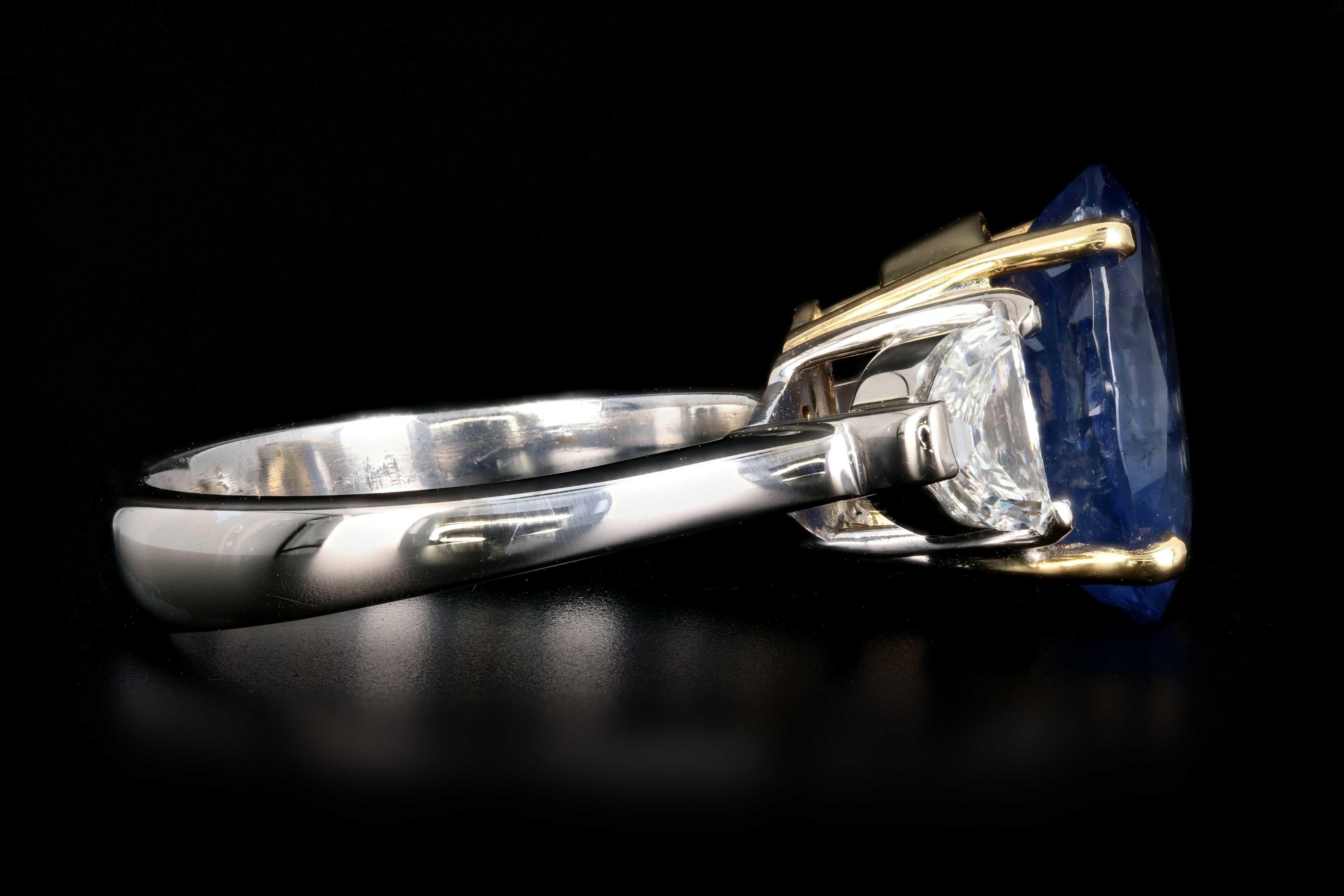 White and Yellow Gold 6.05 Carat Ceylon Sapphire and Half Moon Diamond Ring In Excellent Condition In Cape May, NJ