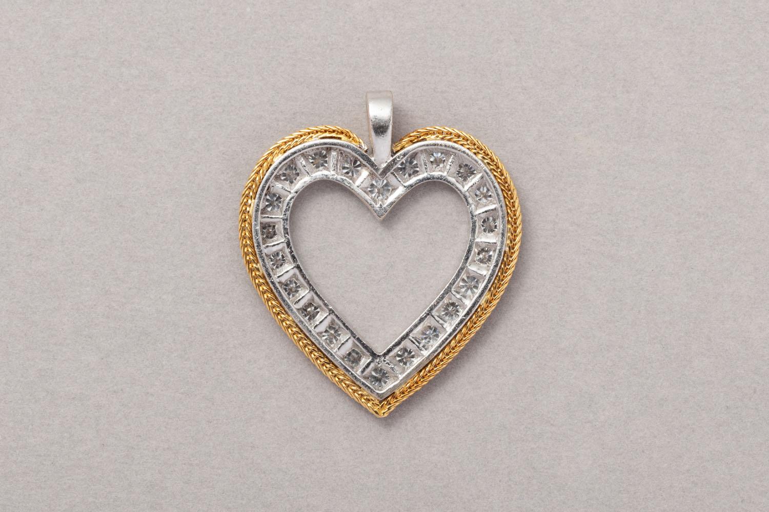 Brilliant Cut White and Yellow Gold and Diamond Heart Pendant  For Sale