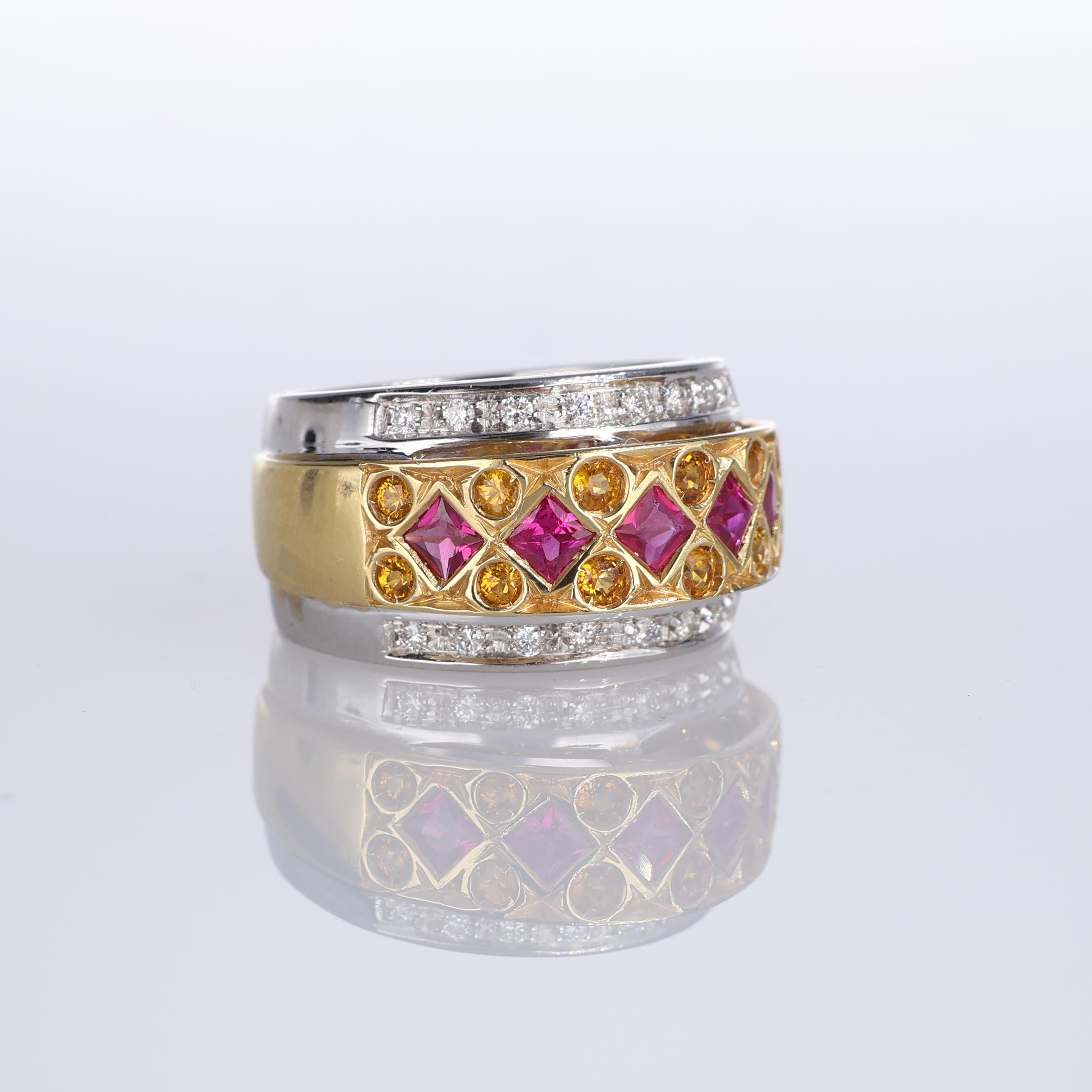 Brilliant Cut White and Yellow Gold Band Ring with Rubies, Yellow Sapphires, and Diamonds For Sale