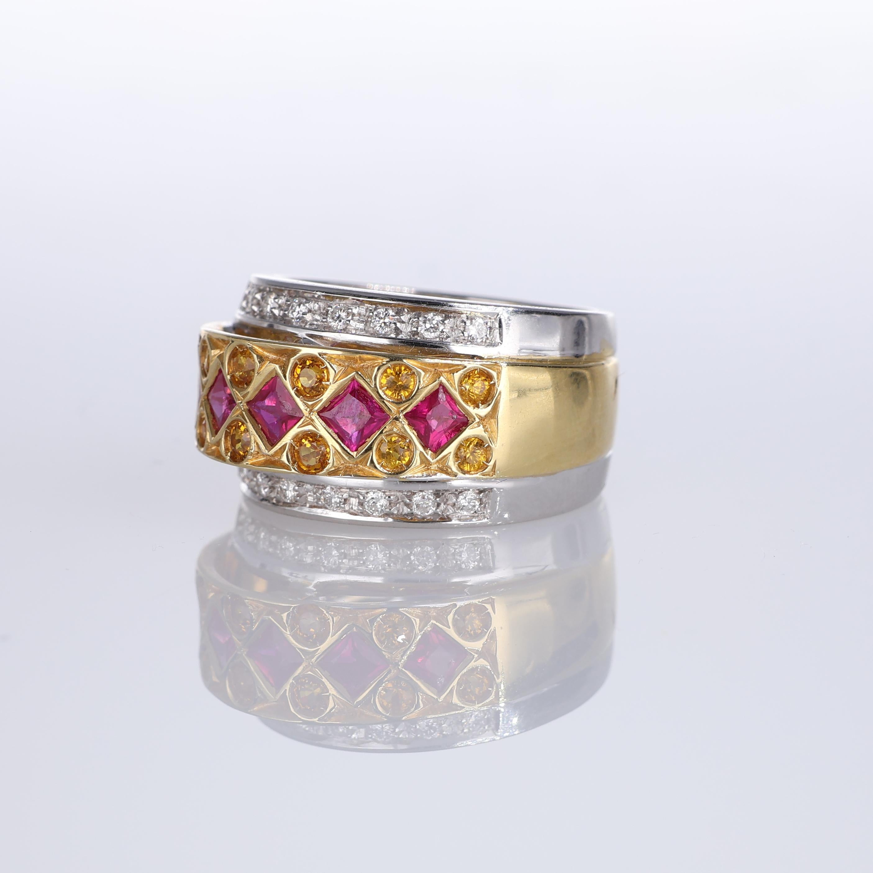 White and Yellow Gold Band Ring with Rubies, Yellow Sapphires, and Diamonds In New Condition For Sale In Bergamo, BG