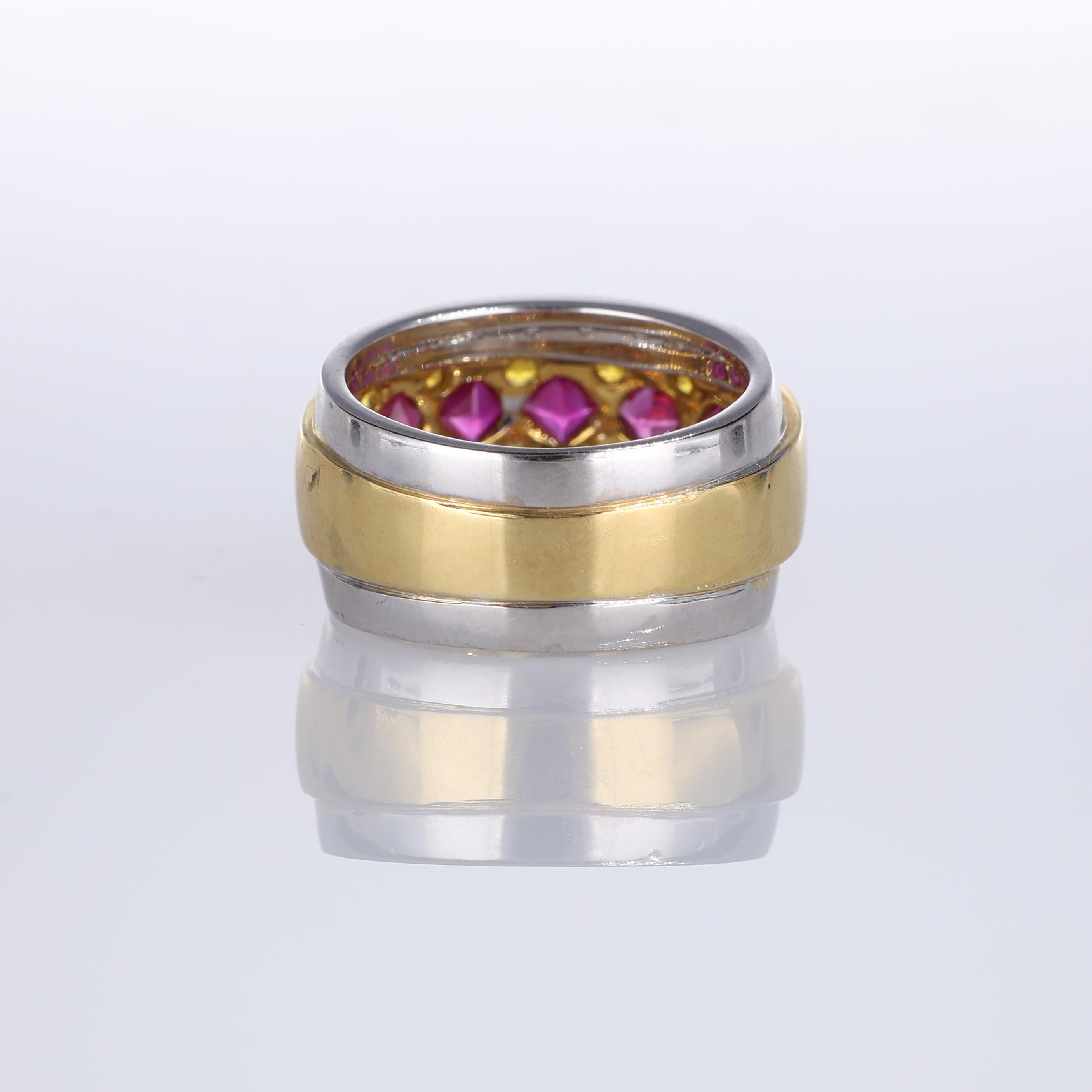 Women's or Men's White and Yellow Gold Band Ring with Rubies, Yellow Sapphires, and Diamonds For Sale