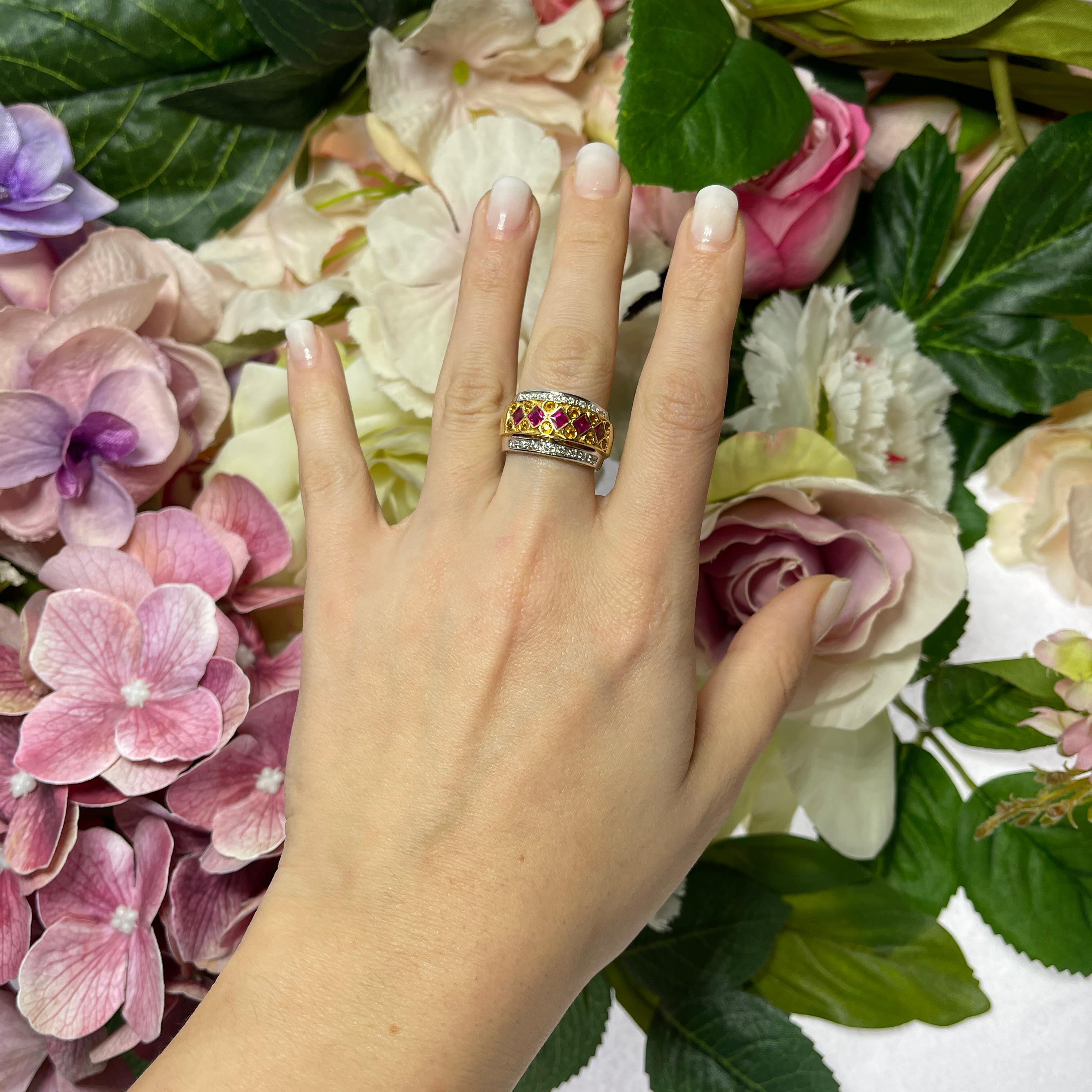White and Yellow Gold Band Ring with Rubies, Yellow Sapphires, and Diamonds For Sale 1