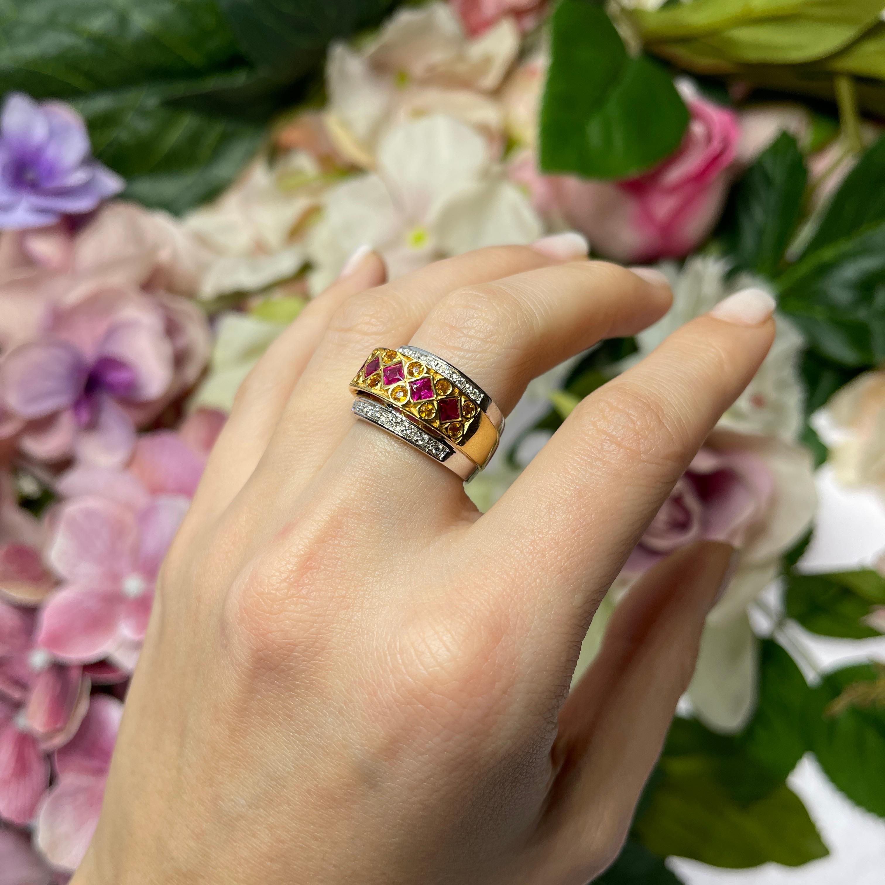 White and Yellow Gold Band Ring with Rubies, Yellow Sapphires, and Diamonds For Sale 3