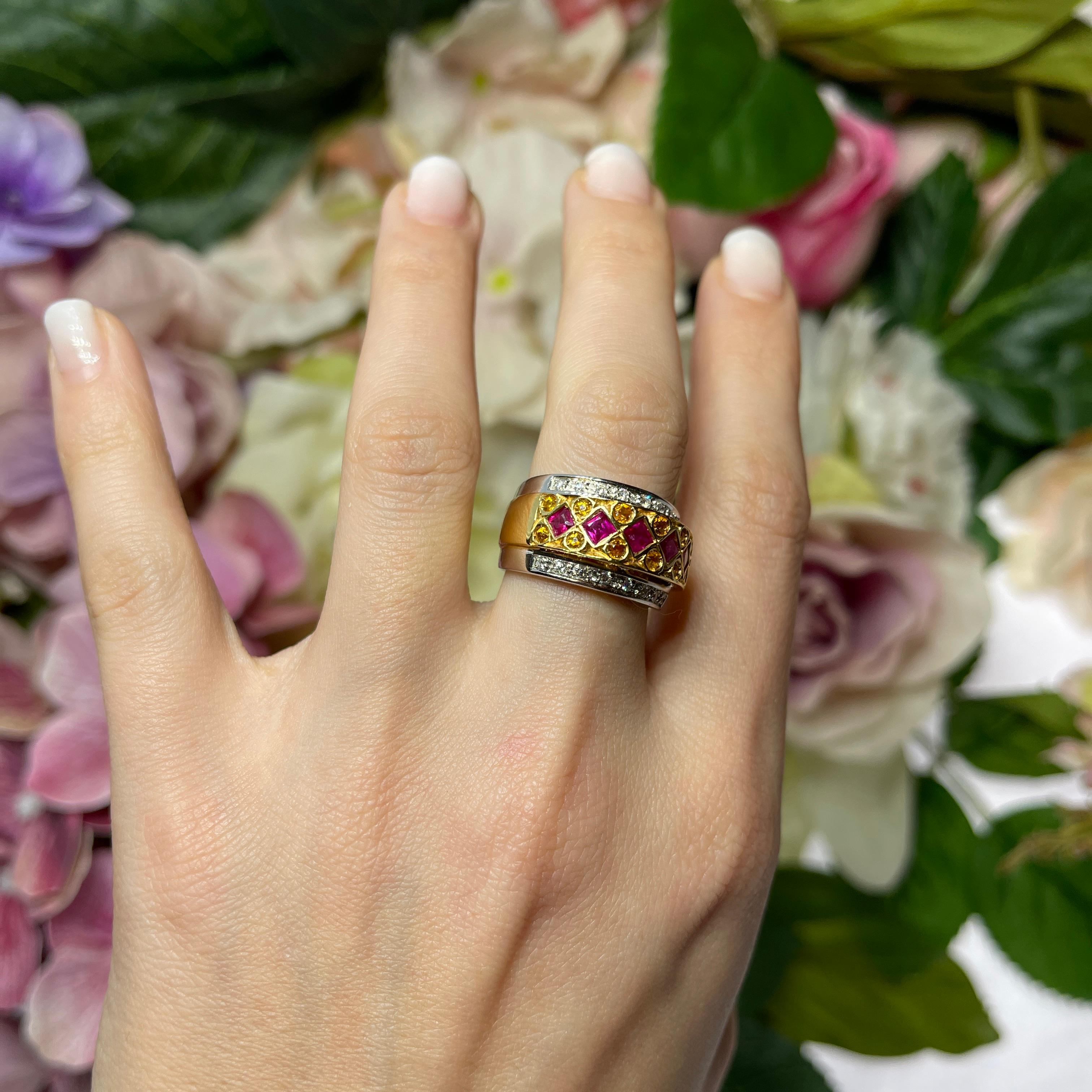 White and Yellow Gold Band Ring with Rubies, Yellow Sapphires, and Diamonds For Sale 4