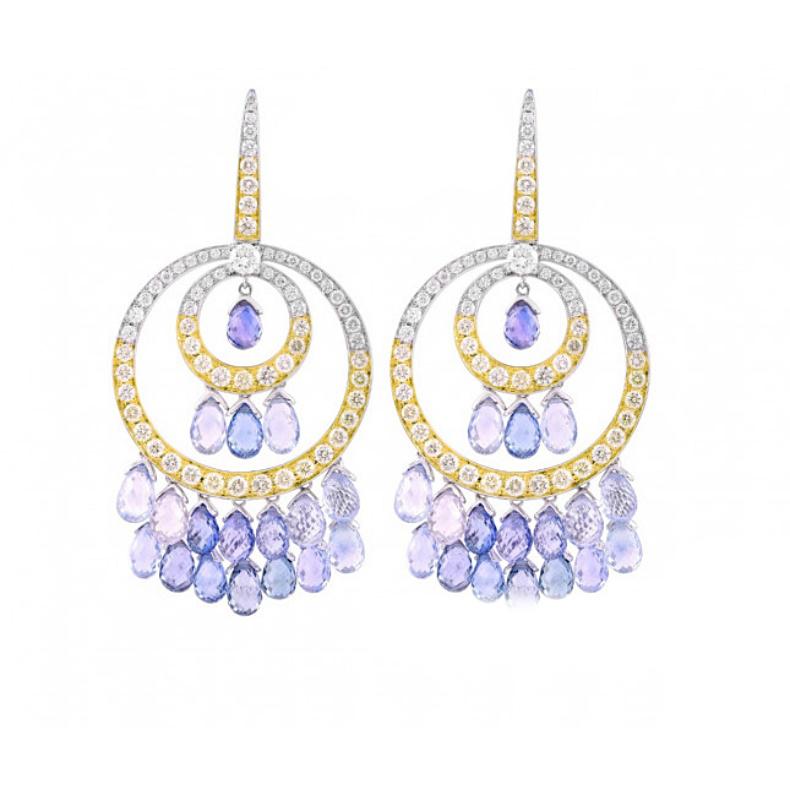 White and Yellow Gold Blue Sapphire and Diamond Earrings - 44.17 ct
Set in 18K White and Yellow gold

Total brilliant cut diamond weight: 4.51 ct
[ 130 diamonds ]

Total blue sapphire weight: 39.66 ct
[ 36 diamonds ]

Total earrings weight: 23.90