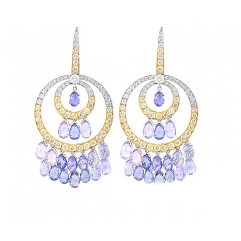 Modern White and Yellow Gold Blue Sapphire and Diamond Earrings, 44.17 Carat