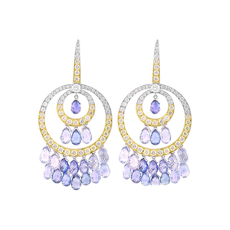 White and Yellow Gold Blue Sapphire and Diamond Earrings, 44.17 Carat
