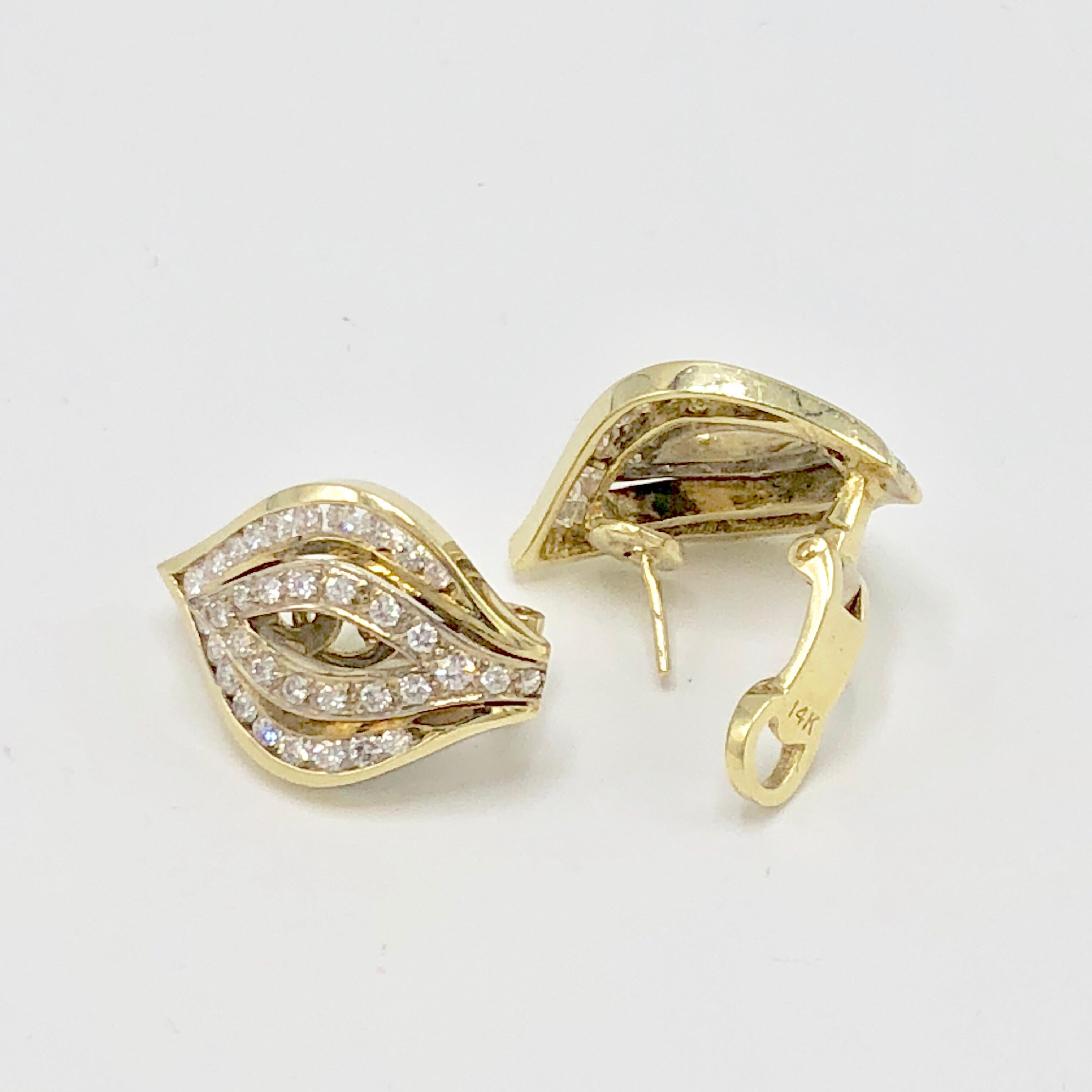 Round Cut White and Yellow Gold Chevron Earrings with Diamonds