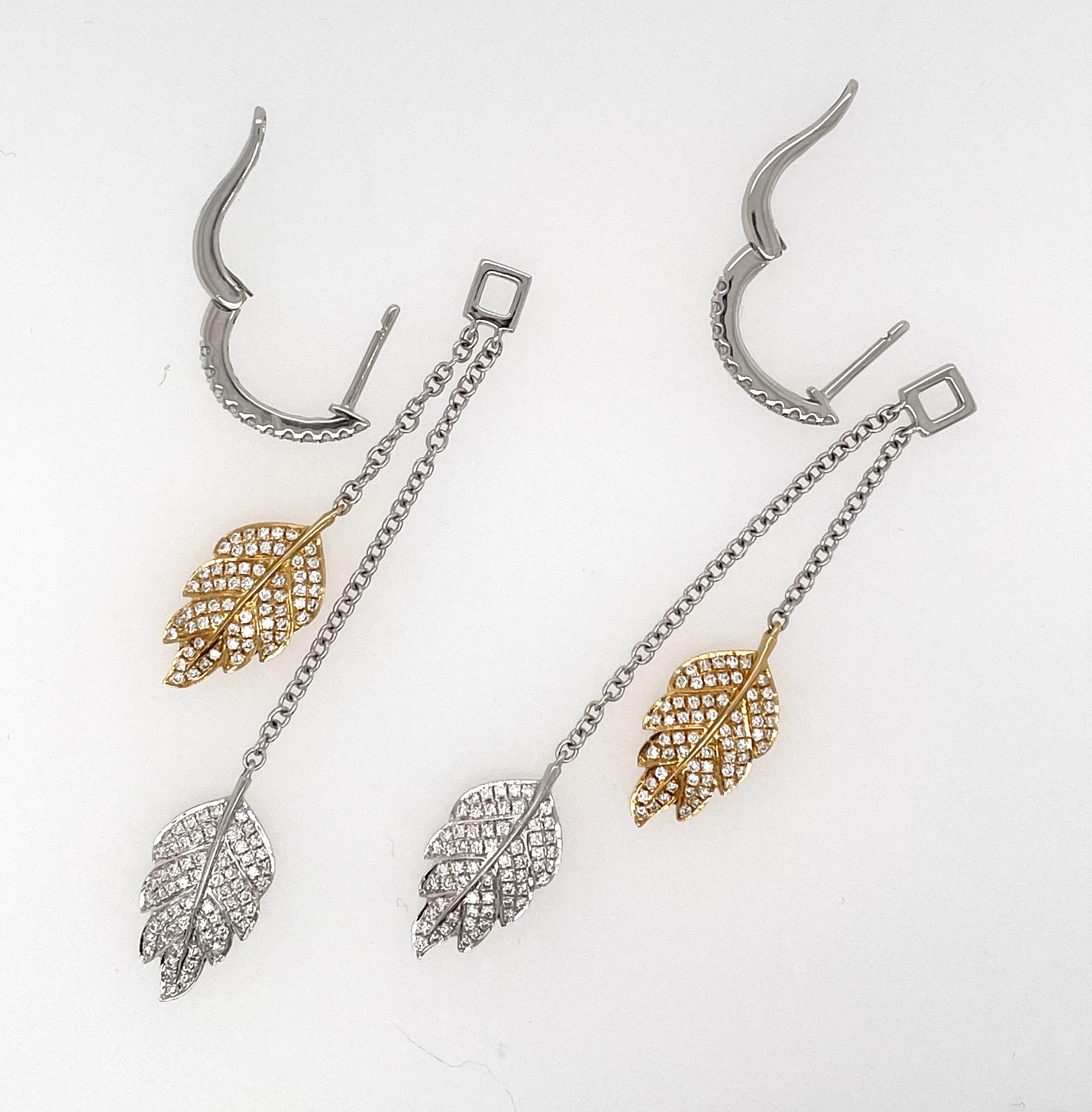 Women's or Men's White and Yellow Gold Dangle Leaf Earring with Detachable Dangles For Sale