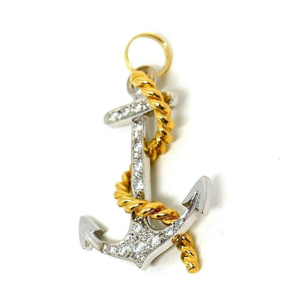 Round Cut White and Yellow Gold Diamond Anchor Charm Pendant