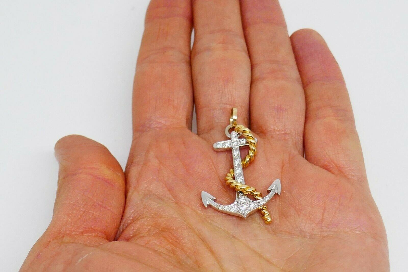 White and Yellow Gold Diamond Anchor Charm Pendant In Excellent Condition In Beverly Hills, CA