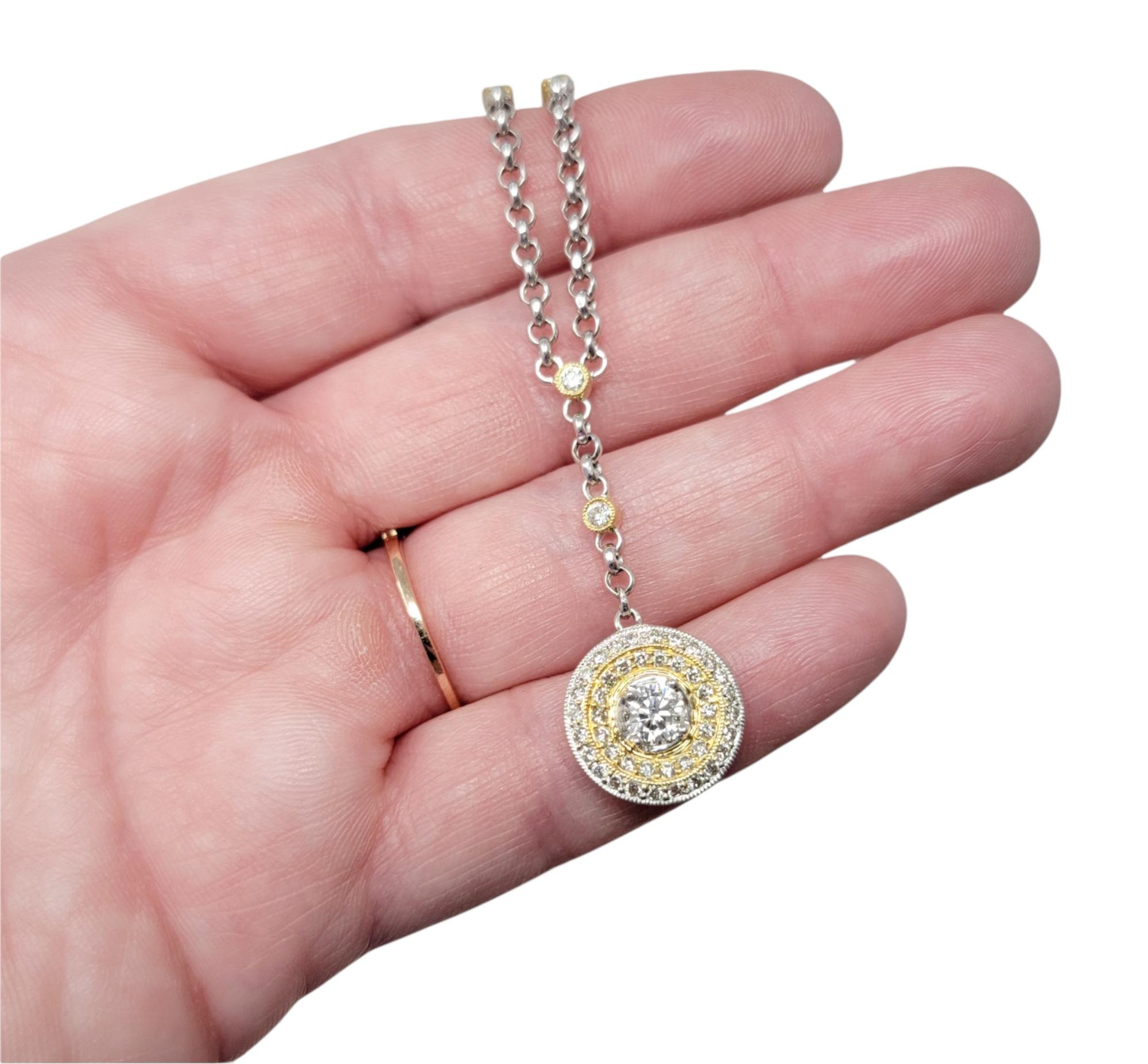 White and Yellow Gold Diamond Circle Y Drop Necklace with Station Cable Chain For Sale 5