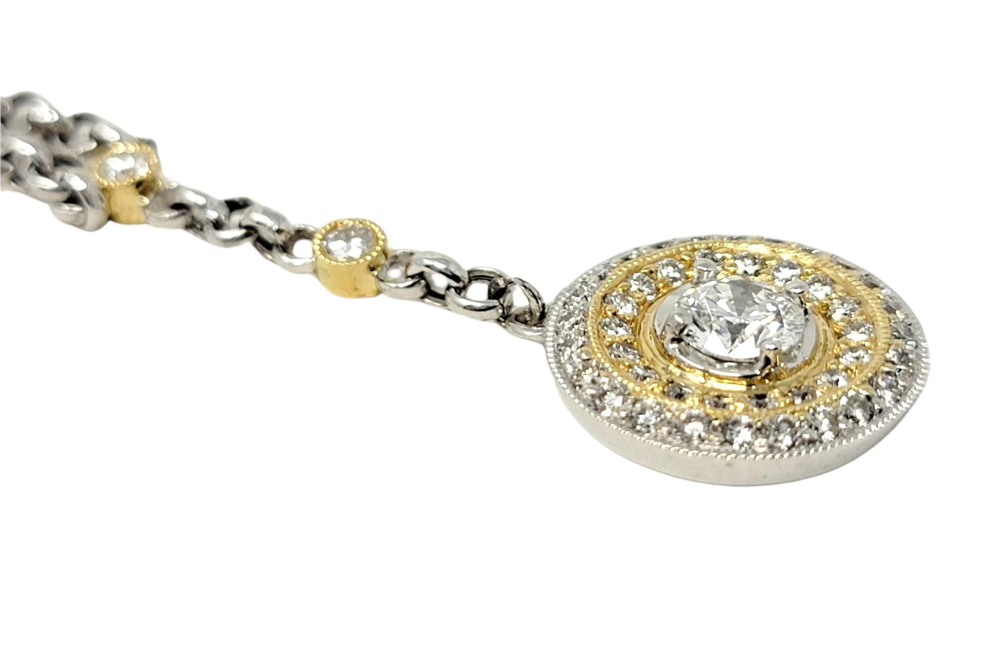 Contemporary White and Yellow Gold Diamond Circle Y Drop Necklace with Station Cable Chain For Sale